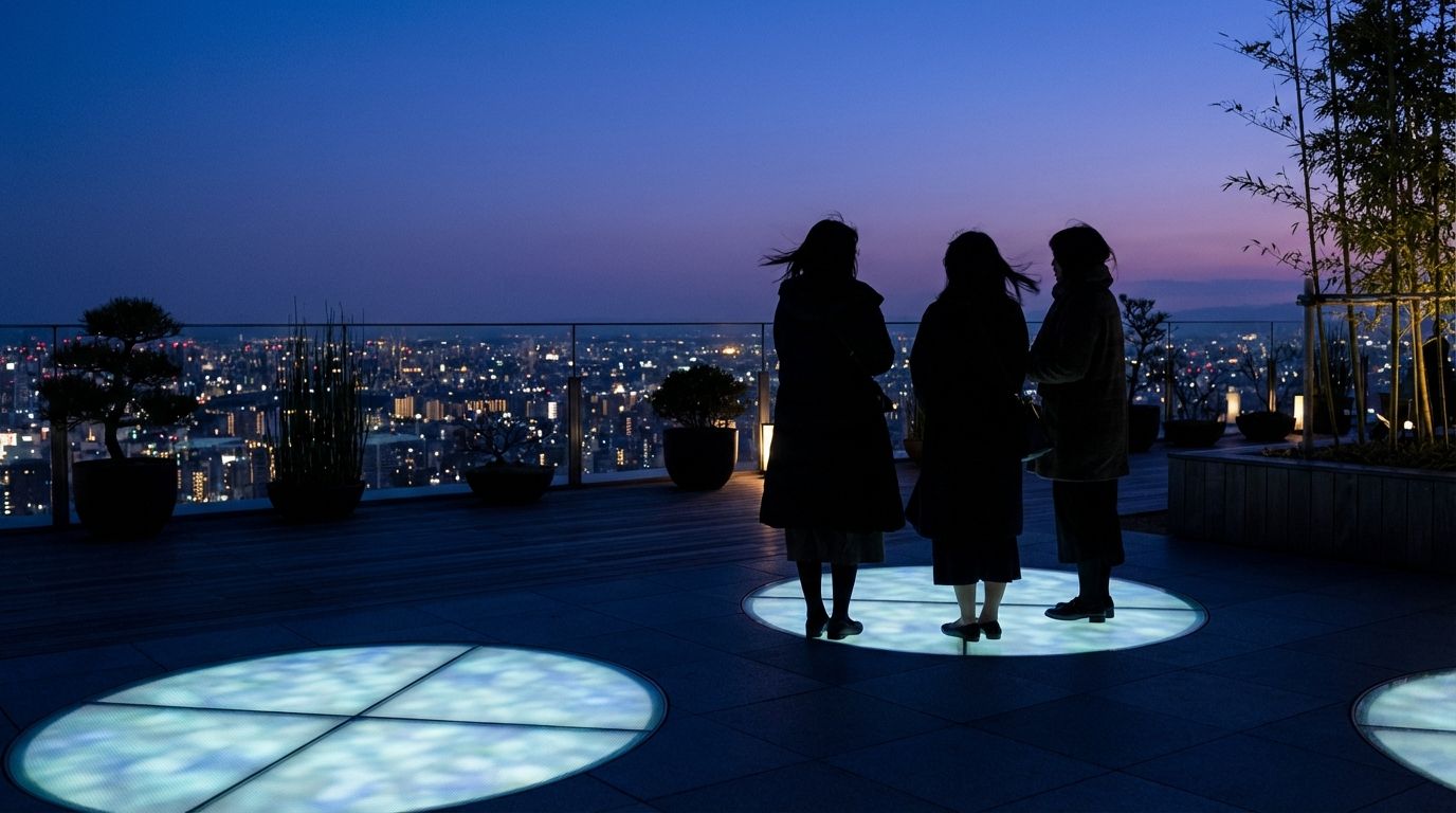 Umeda Sky Building illuminated at night seen from street level looking upward, the distinctive connected twin-tower silhouette glowing in cool white and blue accent lighting against the deep indigo night sky, warm golden city lights reflecting off the building's glass facade, the circular Floating Garden Observatory visible as a luminous ring at the top, a sense of futuristic urban romance and architectural wonder