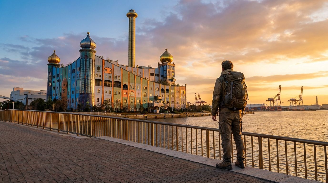 A traveler standing on the Maishima waterfront at golden hour, gazing at the colorful Hundertwasser-designed incineration plant with its golden chimney and curved organic forms, Osaka Bay stretching behind, industrial and artistic elements creating a surreal contrast