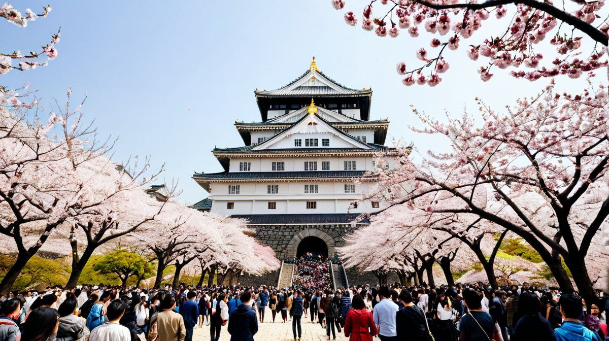 Early morning at Tennoji Park with cherry blossoms in full bloom, a family spreading a blue tarp on the grass beneath the pink canopy, Abeno Harukas tower visible in the background