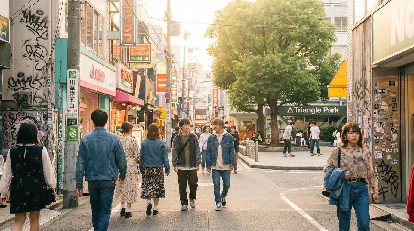Busy Amerikamura street scene during golden hour, young people in eclectic vintage outfits walking past colorful storefronts, graffiti-covered walls, and retro signage, Triangle Park visible in the background with skateboarders, warm afternoon light catching the chaos of posters and stickers covering every surface