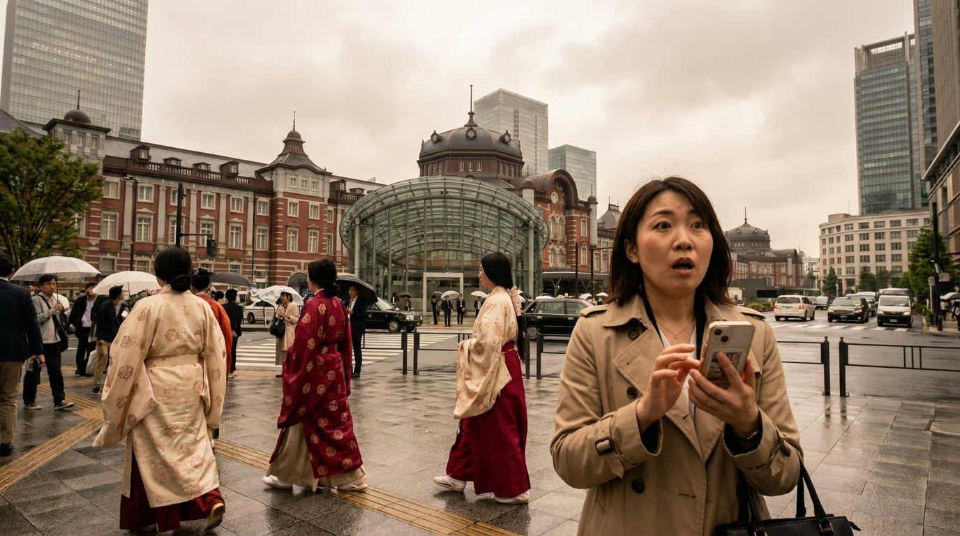 Heian-period courtiers in cream and crimson silk robes walking past the glass dome of Tokyo Station, a Japanese woman in the foreground holding up her phone in surprise — natural daylight, soft overcast sky, the kind of shot that takes a second to register.