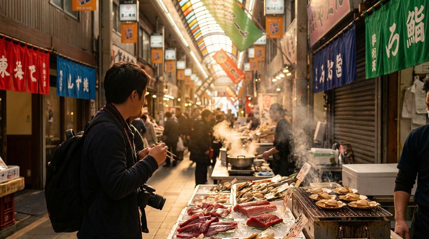 Afternoon sunlight filtering into Kuromon Market's covered arcade, a visitor pausing at a seafood stall with glistening tuna sashimi and grilled scallops on display, steam rising from a nearby stall, the long arcade stretching into the distance with colorful noren curtains on both sides
