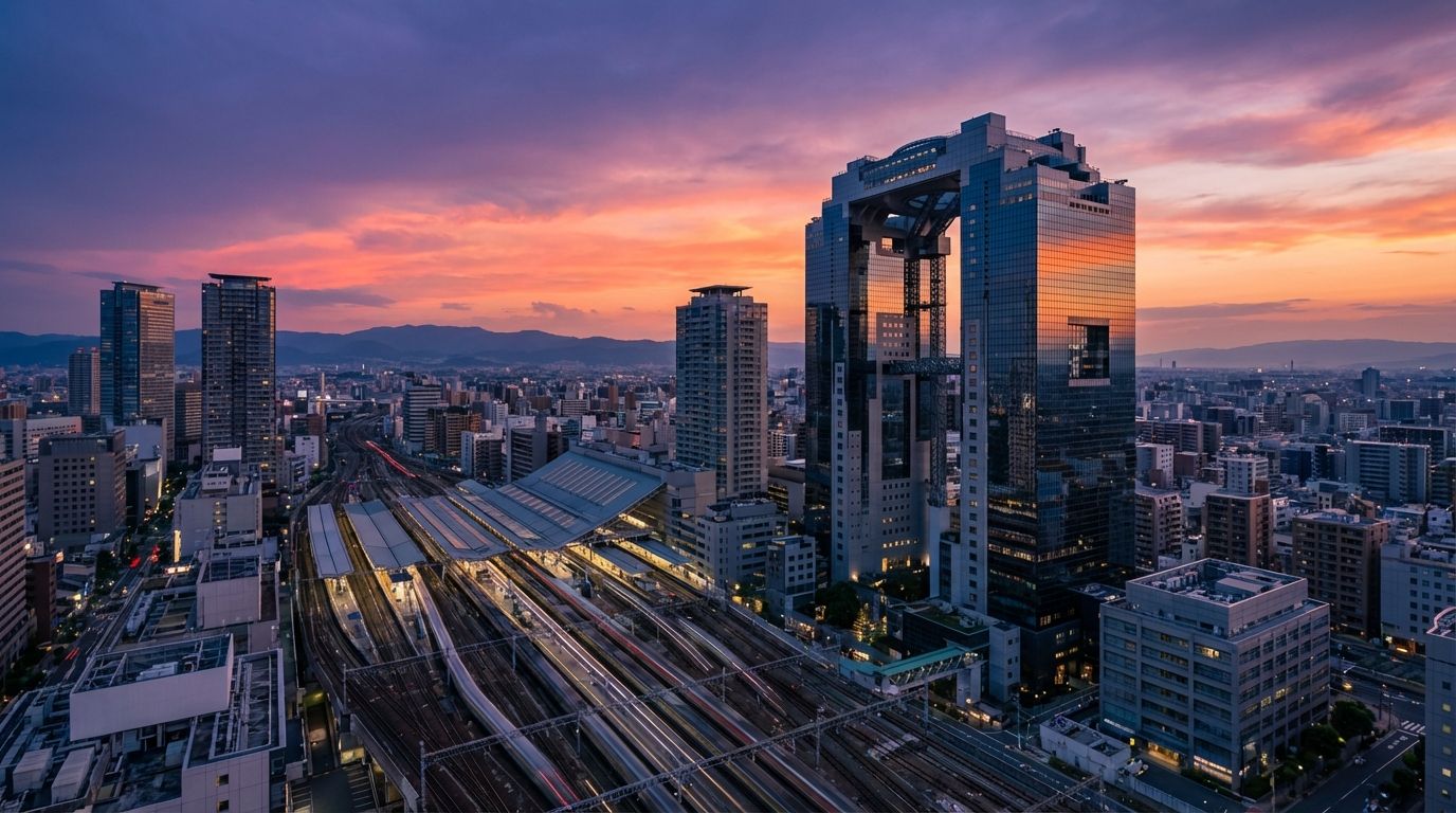Dramatic aerial view of Umeda district at twilight with deep purple and orange sky gradients, modern glass skyscrapers reflecting the golden sunset light, the distinctive Umeda Sky Building with its connected twin towers silhouetted against the fading light, long-exposure streams of white and red light from trains entering Osaka Station below, the urban landscape stretching toward distant blue mountains under a hazy horizon