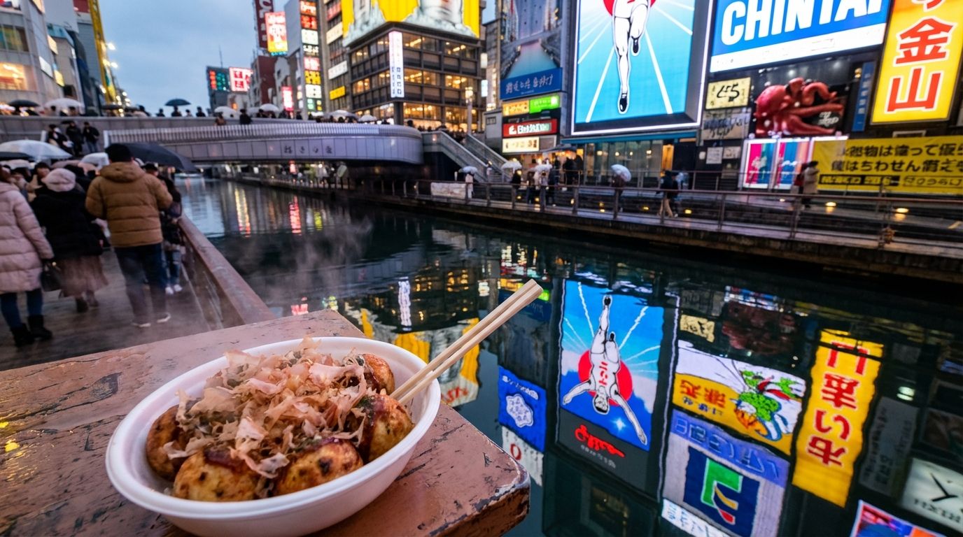 Iconic Glico Running Man sign reflected in the Dotonbori canal at dusk, neon lights blazing across the water, crowds of people lining Ebisu Bridge, steam rising from nearby food stalls