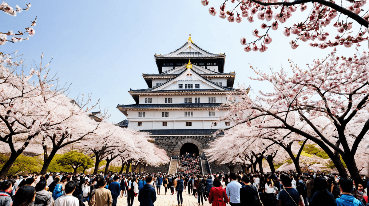 Osaka Castle surrounded by blooming cherry trees